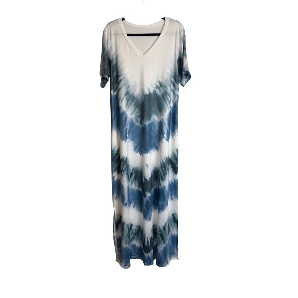 Boho M Tie-Dye Blue Beach Swim Coverup Maxi Dress V-Neck Short Sleeve Blue/White
